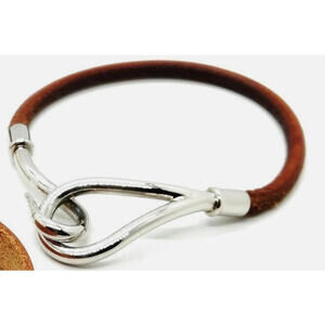 Authentic HERMES Jumbo Hook Leather Bracelet Brown Bangle Silver Tone Hooks